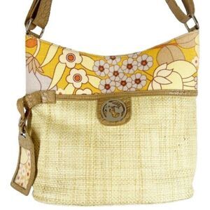 Spartina 449 Shoulder Bag Creamy Yellow Straw Linen Floral Tan Leather Croc Trim